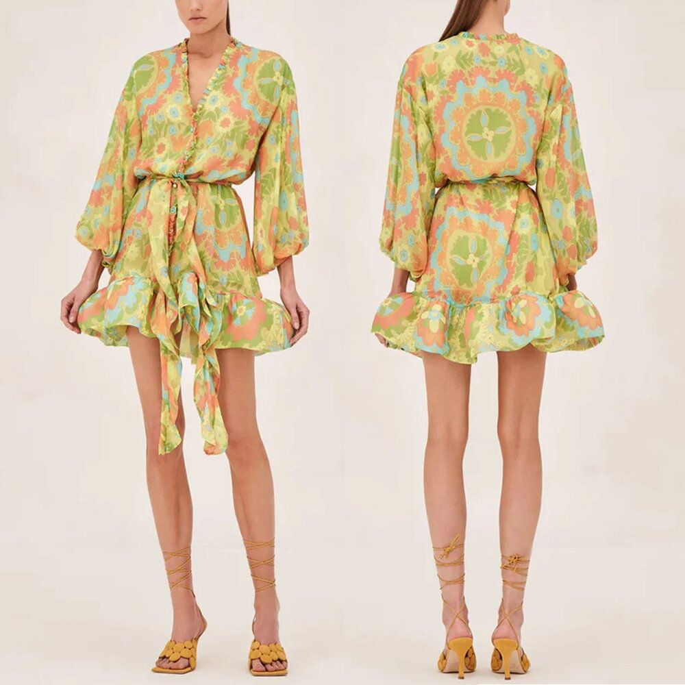 Alexis ANALIA Floral Sash-Tie Belted Long-Sleeve Silk Mini Dress